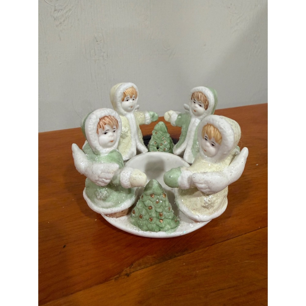 Vintage Ceramic Angel Winter Figures Votive Candle Holder Pastel Green Cream
